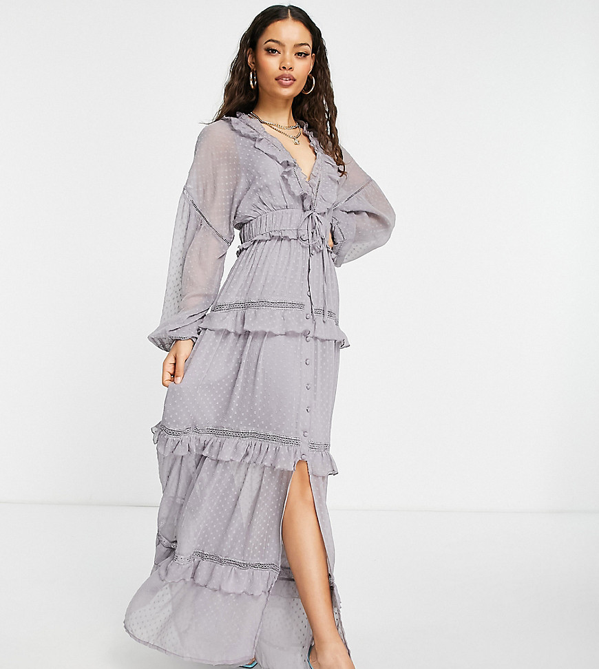 Asos Design Petite Tiered Textured Maxi Dress Wih Ruffle Detail And Lace Trim-Grey