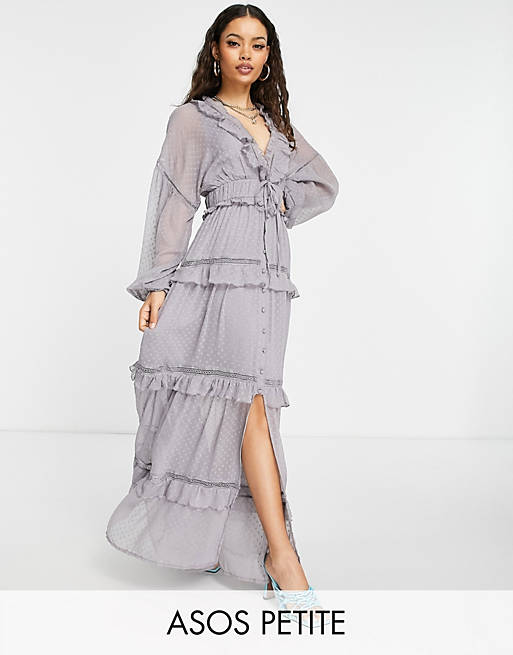 ASOS DESIGN Petite tiered textured maxi dress wih ruffle detail and lace trim