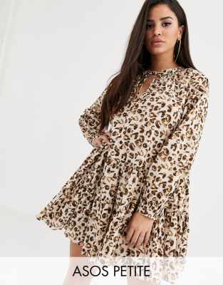 ASOS DESIGN Petite tiered trapeze mini dress in leopard print-Multi