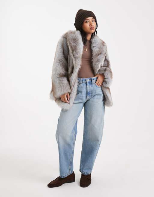 ASOS DESIGN Petite tipped faux fur coat in blue and brown, 3 of 4