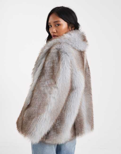 ASOS DESIGN Petite tipped faux fur coat in blue and brown, 4 of 4