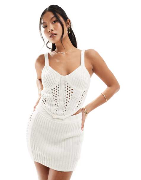 ASOS DESIGN Petite - Top corset d'ensemble en maille crochetée - Blanc - view 1