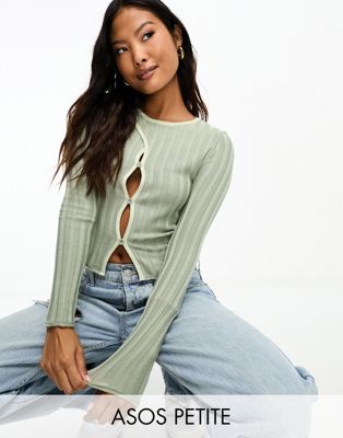 ASOS DESIGN Petite knitted top with cut out detail and contrast tipping in green - ASOS Price Checker