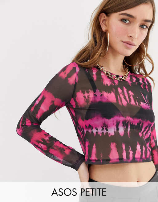ASOS DESIGN Petite - Top in rete a maniche lunghe con tie-dye fluo