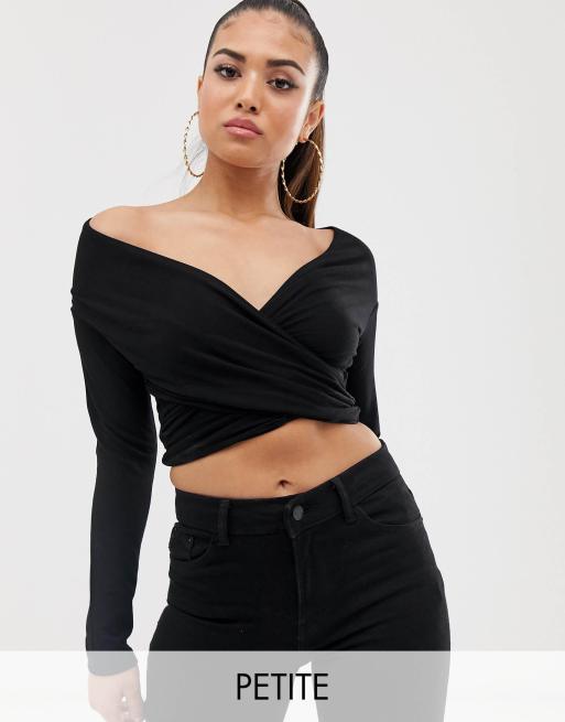 ASOS DESIGN Petite - Top incrociato a maniche lunghe con scollo alla Bardot