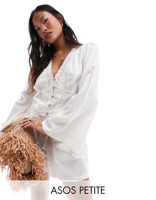 ASOS DESIGN Petite - Top met kanten inzetstukken en knoopsluiting in wit