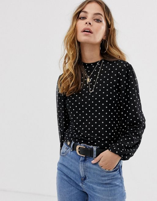 ASOS DESIGN Petite top with blouson sleeve and tie neck in spot mesh ...