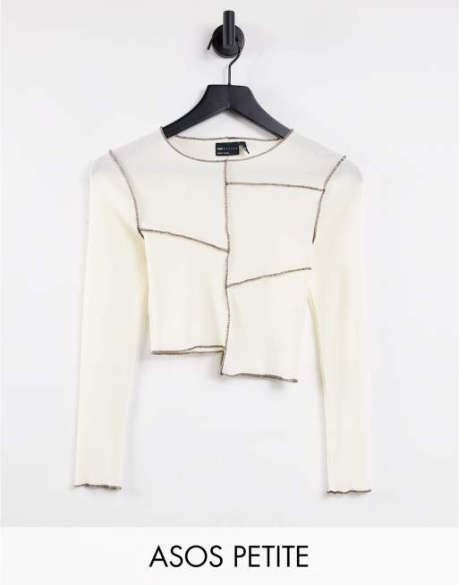 ASOS DESIGN Petite top with long sleeve with spliced seam detail in ecru 