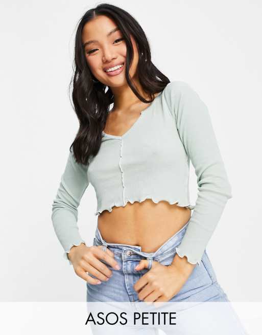 ASOS DESIGN Petite top with notch neck and contrast stitching in sage