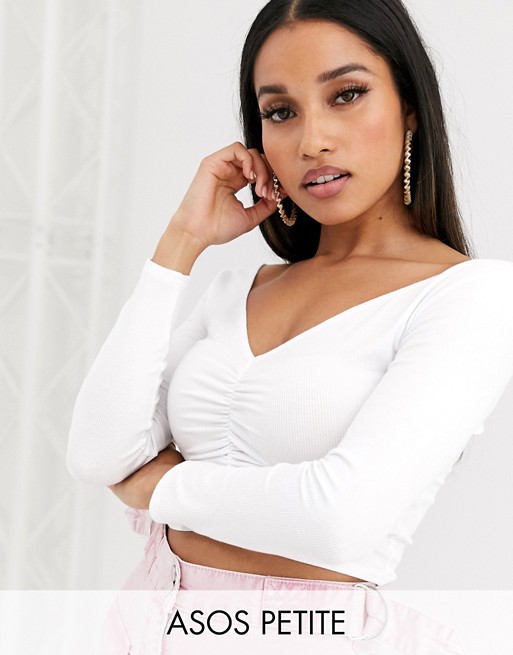 ASOS DESIGN Petite top with v-front and back and ruching in white