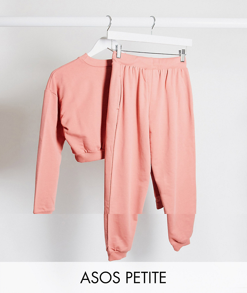 ASOS DESIGN Petite tracksuit cropped sweat / slim jogger with tie in organic cotton in dusty rose-Pink
