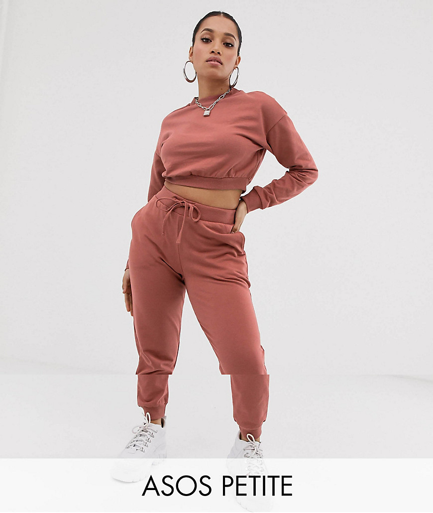 ASOS DESIGN Petite tracksuit cropped sweat / slim jogger with tie-Pink