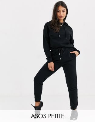 ASOS DESIGN Petite tracksuit hoodie slim jogger with tie in cotton BLACK