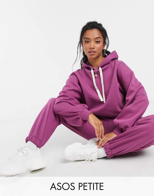 ASOS DESIGN Petite tracksuit oversized hoodie with contrast ties /  oversized sweatpants in berry