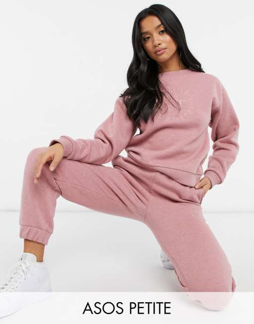 ASOS DESIGN Petite tracksuit oversized sweat with embroidery oversized trackies in pink marl