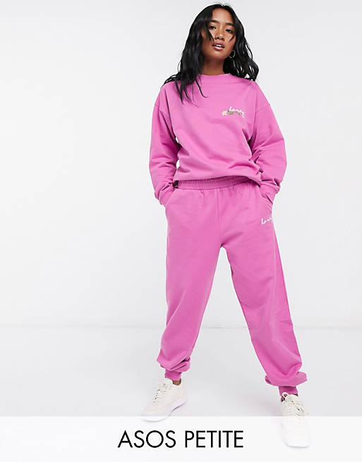 ASOS DESIGN Petite tracksuit oversized sweat with wash and embroidered ...