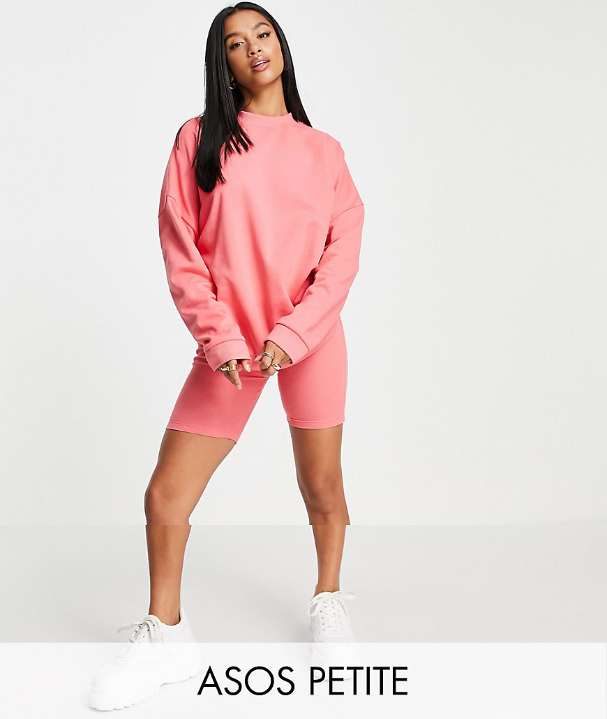 ASOS DESIGN Petite tracksuit with oversized sweatshirt/ribbed legging shorts in coral-Blues