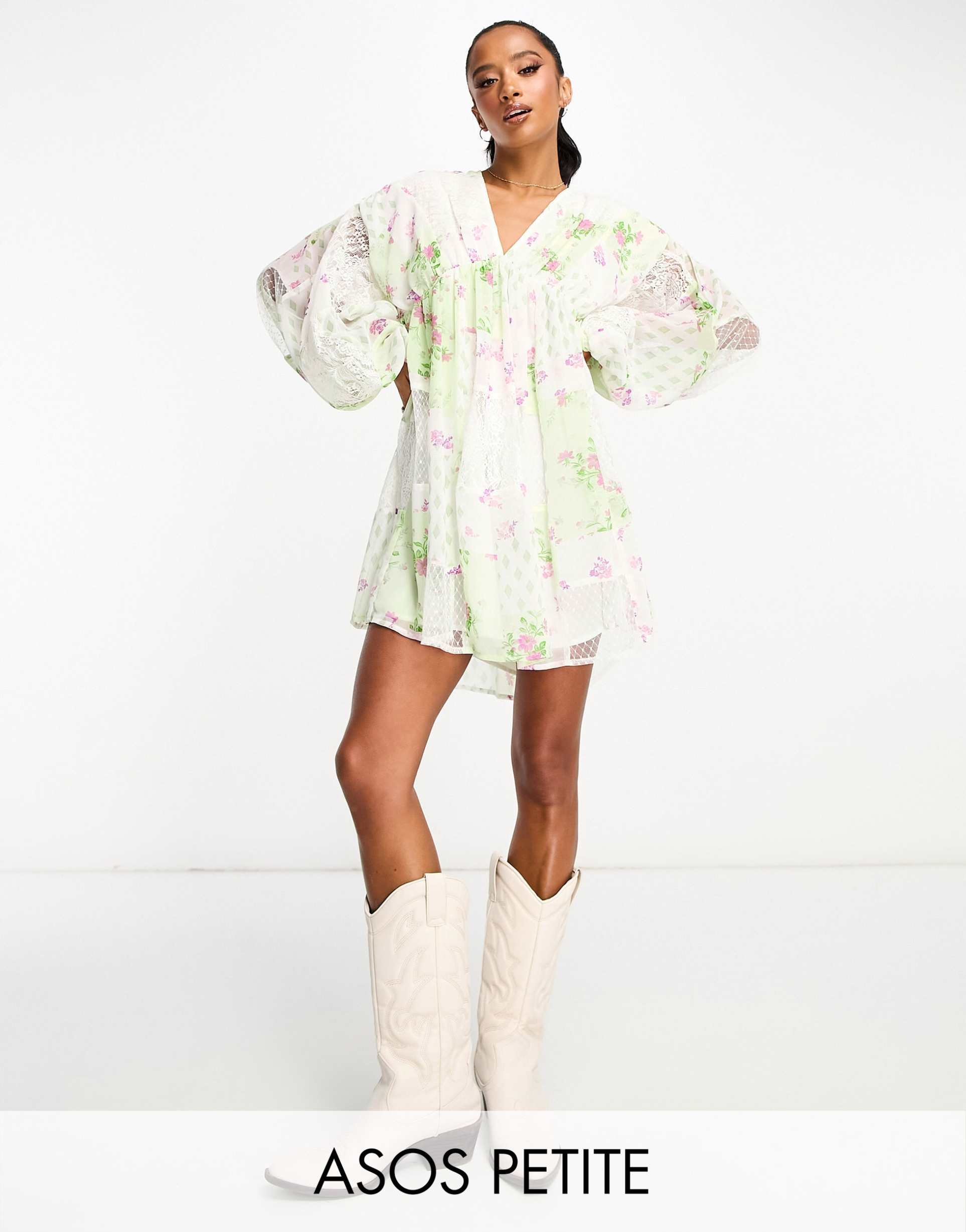 asos design petite trapeze mini dress with blouson sleeve in mixed lace print