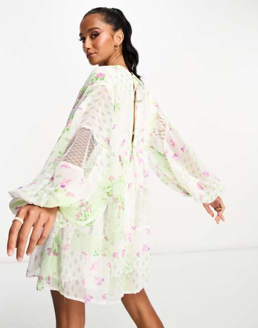 ASOS DESIGN Petite trapeze mini dress with blouson sleeve in mixed lace  print