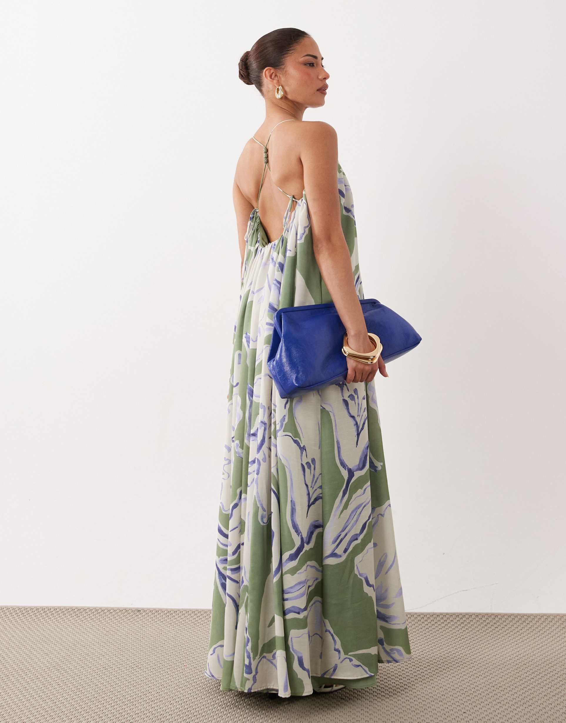 asos design petite trapeze scoop neck full hem maxi dress with bead detail in overblown floral