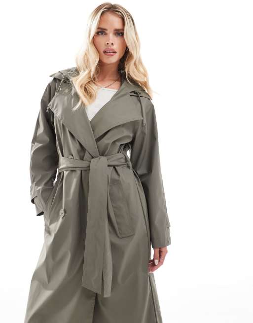 ASOS DESIGN Petite Trench a capuche ceinture en caoutchouc impermeable Kaki