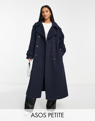 ASOS DESIGN Petite - Trench-coat oversize habillé en laine mélangée brossée - Bleu marine