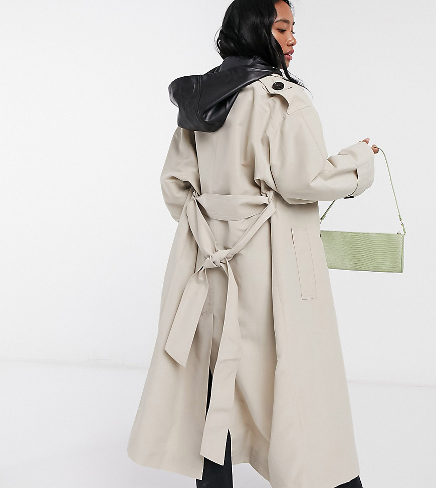 ASOS DESIGN Petite trench coat with detachable leather look hood in stone-Beige
