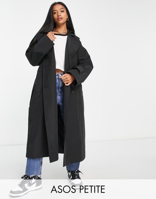 ASOS DESIGN Petite trench coat with faux leather hood in black