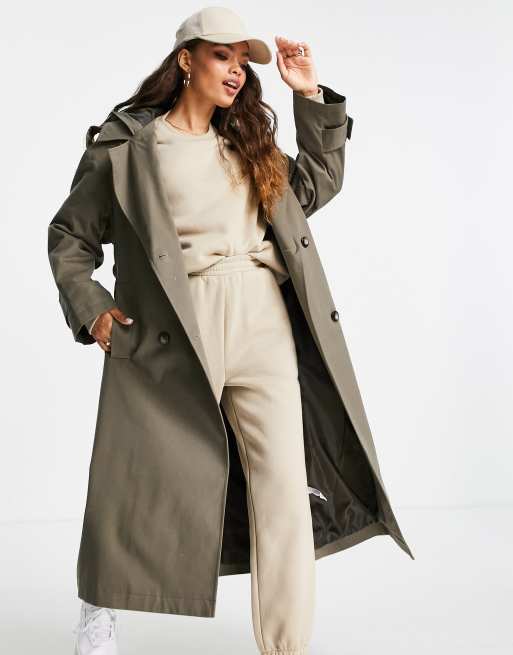 ASOS DESIGN Petite Trenchcoat in Stein mit Kapuze ASOS