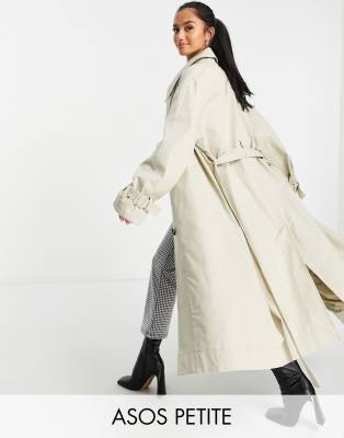 ASOS DESIGN Petite – Trenchcoat in Stein mit spitzem Kragen