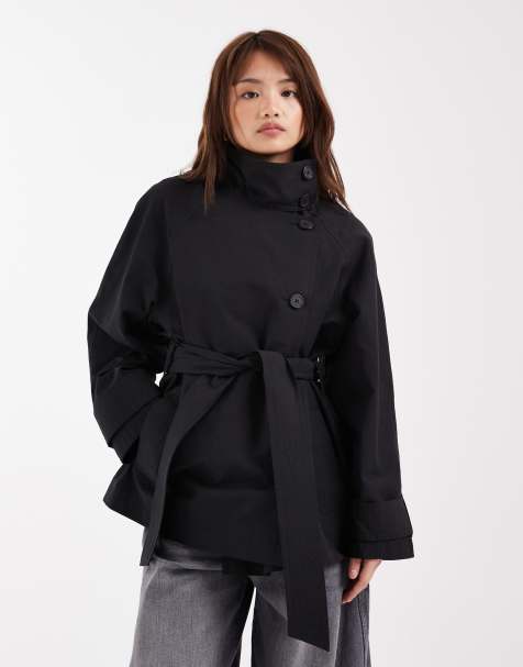 ASOS DESIGN Petite - Trenchcoat met opstaande boord en strikceintuur in zwart - view 1