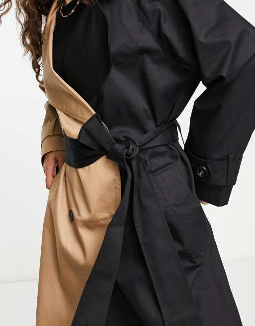 ASOS DESIGN Petite Trenchcoat mit geteiltem Design in Schwarz und Steinbeige ASOS