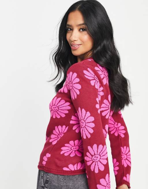 ASOS DESIGN Petite - Trui met bloem- en smiley-patroon in roze, 2 van 4