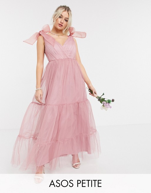 ASOS DESIGN Petite tulle bow tie tiered maxi dress in rose