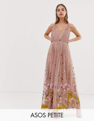 asos design petite tulle maxi dress with delicate floral embroidery and twist straps