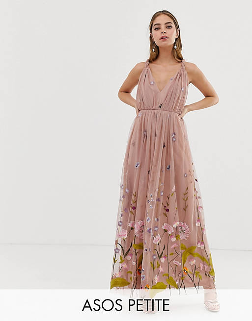 ASOS DESIGN Petite tulle maxi dress with delicate floral embroidery and twist straps