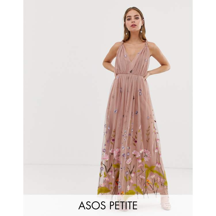 ASOS DESIGN Petite tulle maxi dress with delicate floral embroidery and twist  straps | ASOS