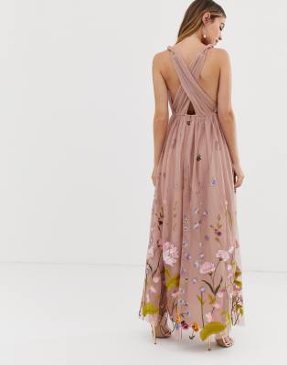 asos design tulle maxi dress with delicate floral embroidery and twist straps