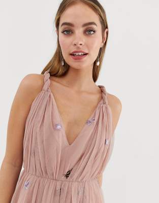 asos design petite tulle maxi dress with delicate floral embroidery and twist straps