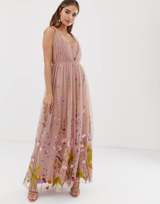 asos design tulle maxi dress with delicate floral embroidery and twist straps