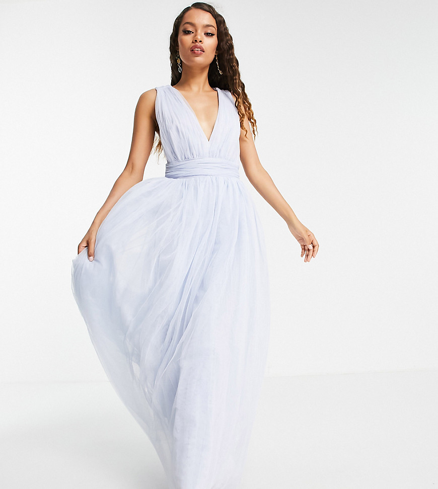 ASOS DESIGN Petite tulle plunge maxi dress with bow back detail in powder blue-Blues