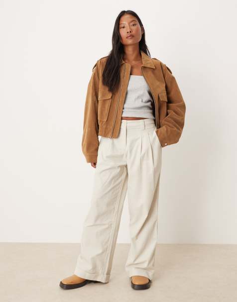ASOS DESIGN Petite turn up hem wide leg cord trouser in cream - view 1