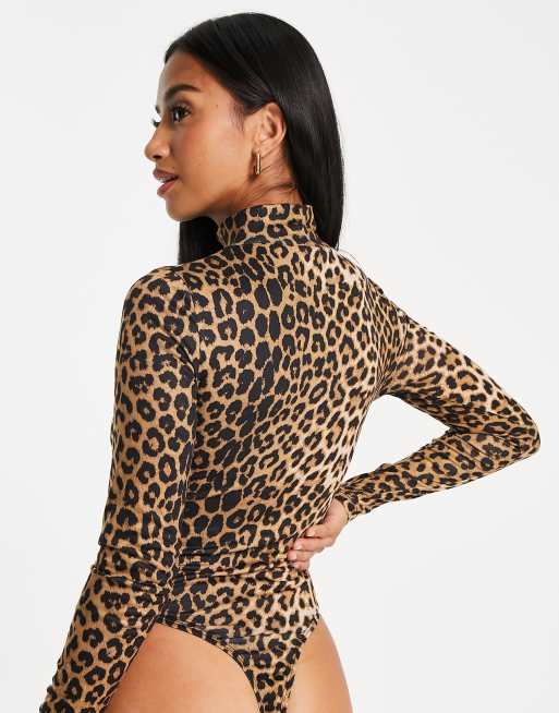 Leopard Bodysuit, Sexy Bodysuit, Animal Print, Turtleneck and Long Sleeve