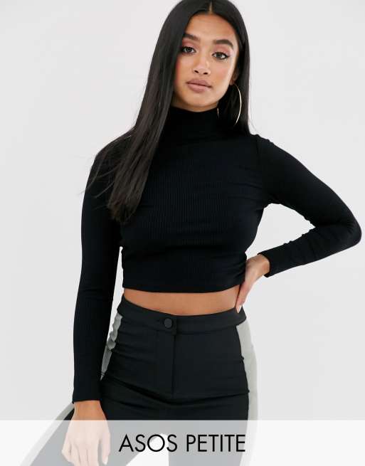 ASOS DESIGN Petite turtle neck long sleeve rib crop top in black