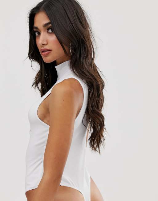 Petite White Basic High Neck Sleeveless Bodysuit