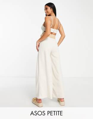 ASOS DESIGN Petite - Tuta jumpsuit a corsetto color pietra in jersey di lino con cintura in rafia e cut-out sul retro