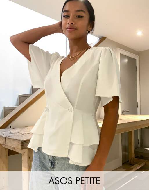 ASOS DESIGN Petite tux top with angel sleeve and button detail in Ivory
