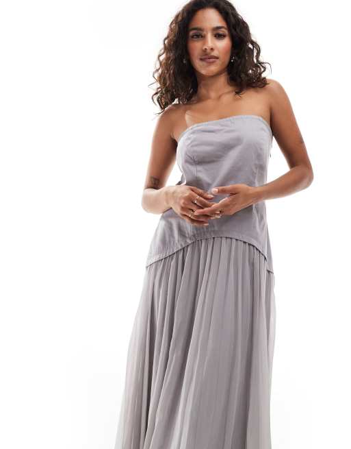 ASOS Design Petite Twill Bandeau and Chiffon Pleated Midi Dress in Gray
