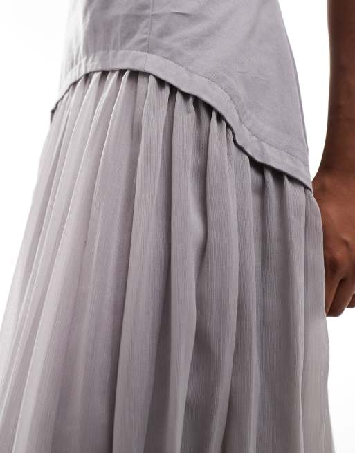 ASOS DESIGN Petite twill bandeau and chiffon pleated midi dress in grey ASOS