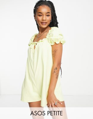 ASOS DESIGN Petite twill puff sleeve smock playsuit in lemon - ASOS Price Checker